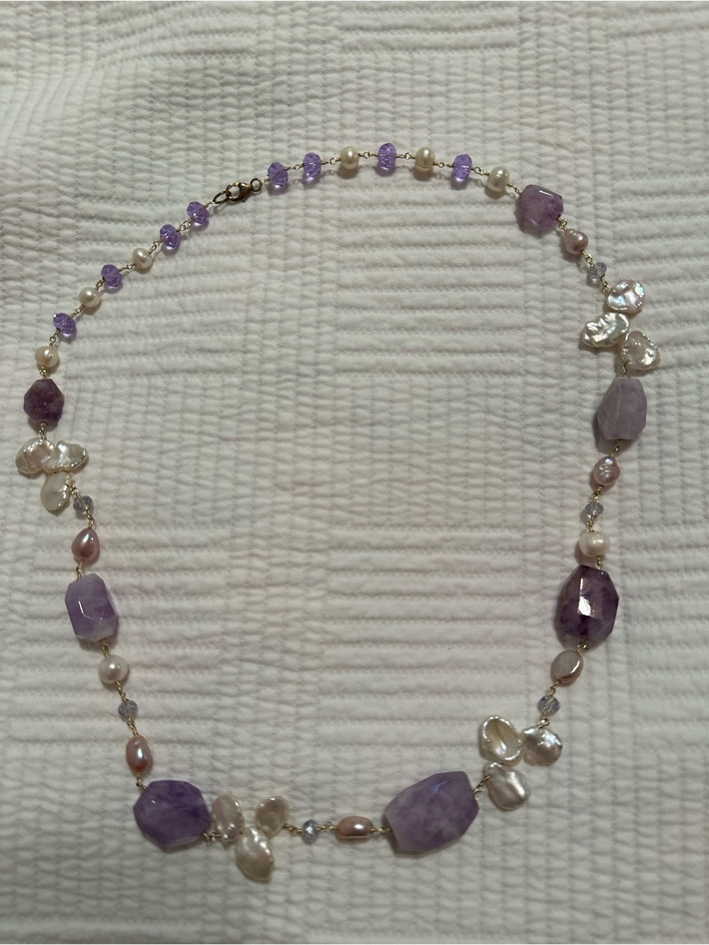 Amethyst and Pearl Beaded Necklace - Lavender and White